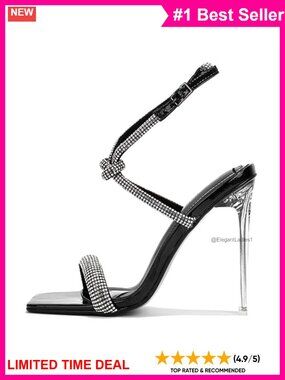 Rhinestone Stiletto Heel Sandals Square Open Toe Ankle Strap